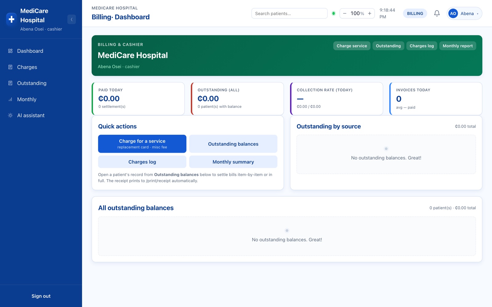 Billing dashboard — charges, outstanding balances and claim status