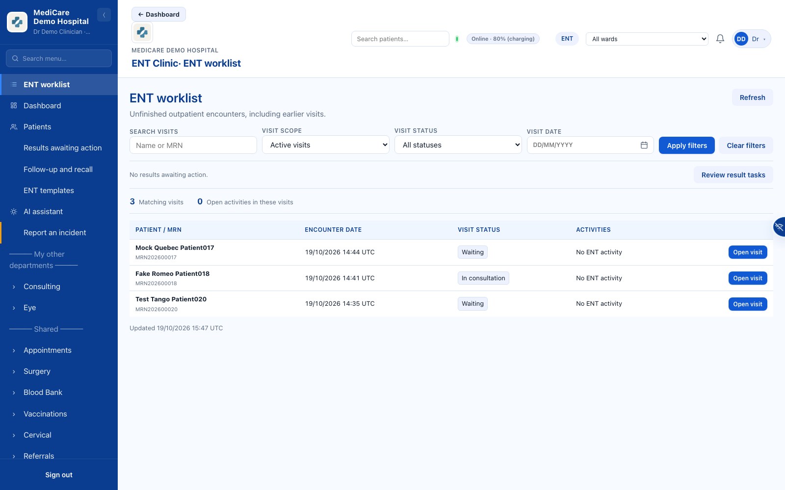 ENT active worklist showing synthetic visits, activities and result follow-up