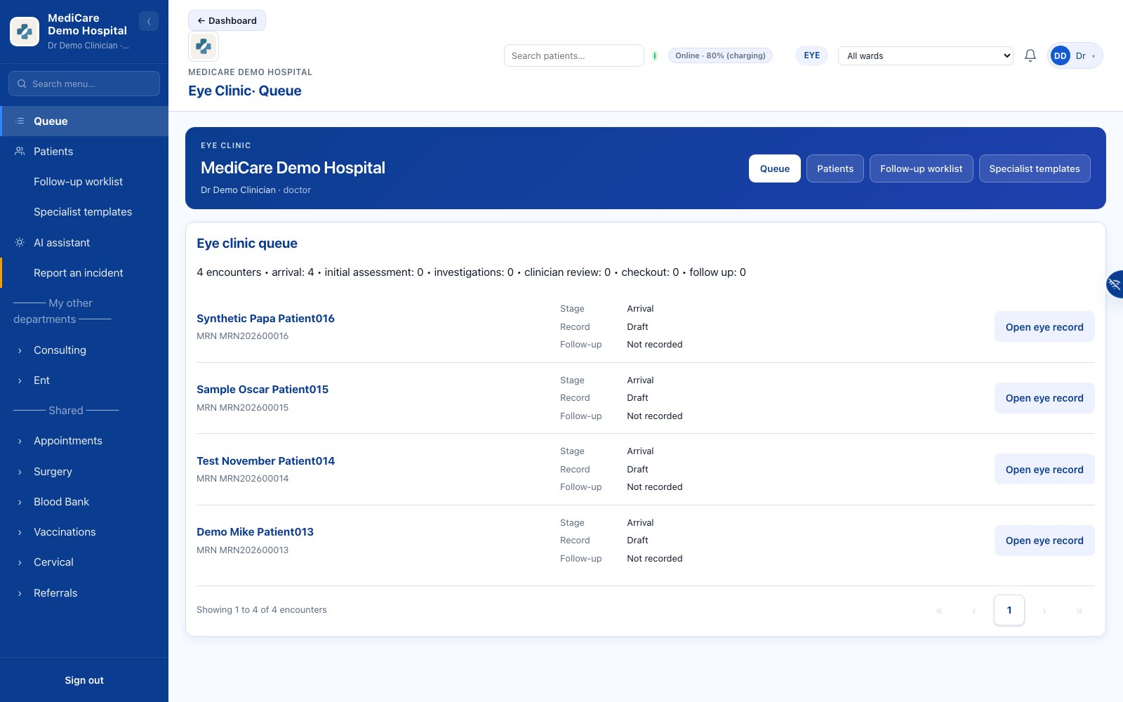 Eye clinic workspace with synthetic patients and dedicated clinical workflow