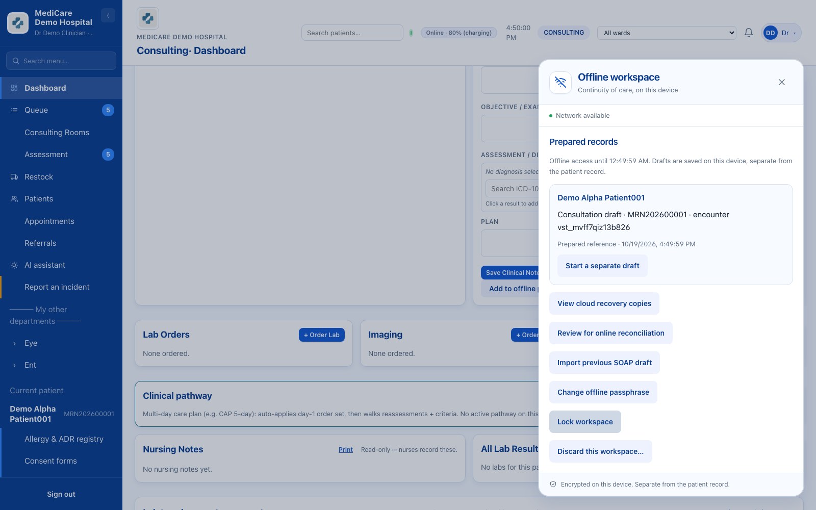 Prepared offline workspace while connected, showing a synthetic patient reference and draft recovery controls