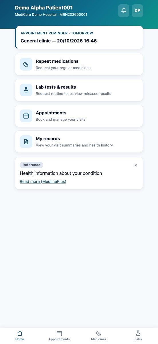 MediCare HIS patient app on a phone — book appointments, request repeat medicines and lab tests, and read released results