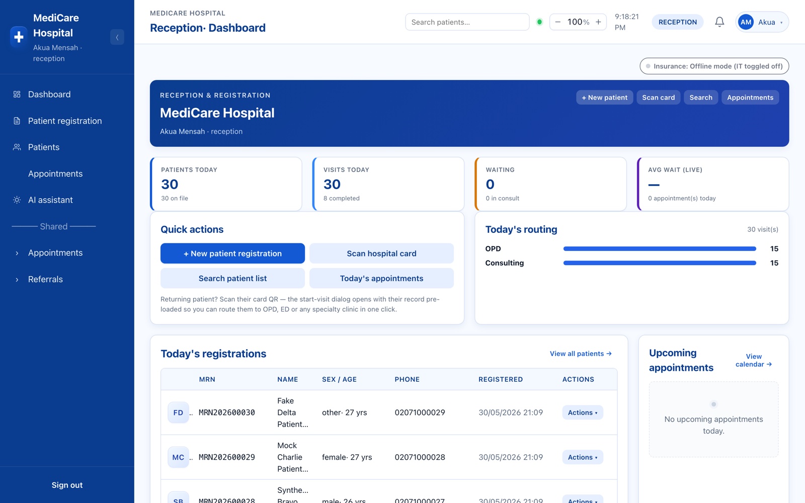 MediCare HIS reception dashboard on a laptop — the live patient queue, today's registrations and OPD routing
