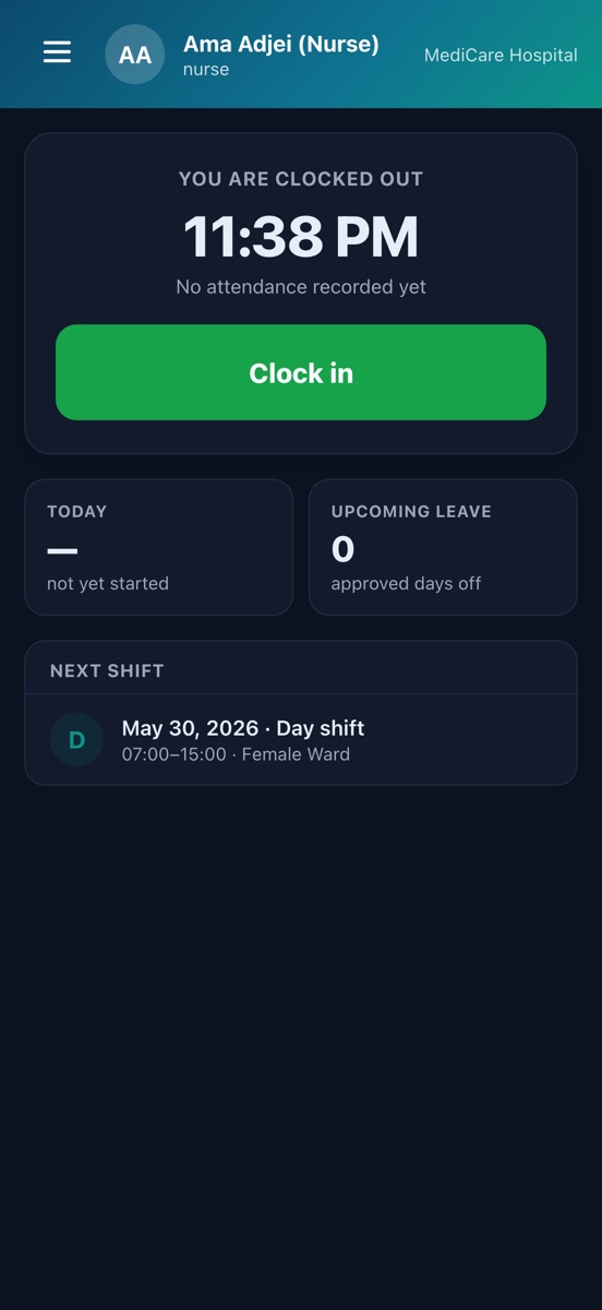MediCare HIS staff app on a phone — clock in or out, your next shift and leave balance
